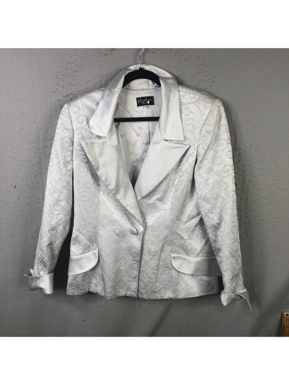 Vintage Statement Blazer Women 14 Silver Jacquard Tuxedo Old Money Party Wedding